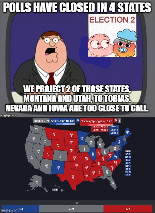 POLLS HAVE CLOSED IN 4 STATES; WE PROJECT 2 OF THOSE STATES, MONTANA AND UTAH, TO TOBIAS. NEVADA AND IOWA ARE TOO CLOSE TO CALL. | image tagged in the 2nd election | made w/ Imgflip meme maker