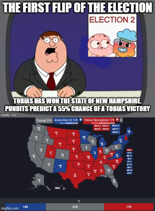 THE FIRST FLIP OF THE ELECTION; TOBIAS HAS WON THE STATE OF NEW HAMPSHIRE. PUNDITS PREDICT A 55% CHANCE OF A TOBIAS VICTORY | image tagged in the 2nd election | made w/ Imgflip meme maker