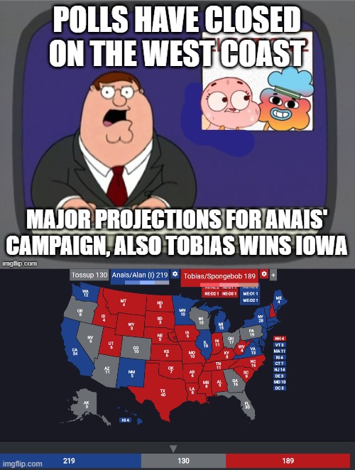 POLLS HAVE CLOSED ON THE WEST COAST; MAJOR PROJECTIONS FOR ANAIS' CAMPAIGN, ALSO TOBIAS WINS IOWA | image tagged in the 2nd election | made w/ Imgflip meme maker