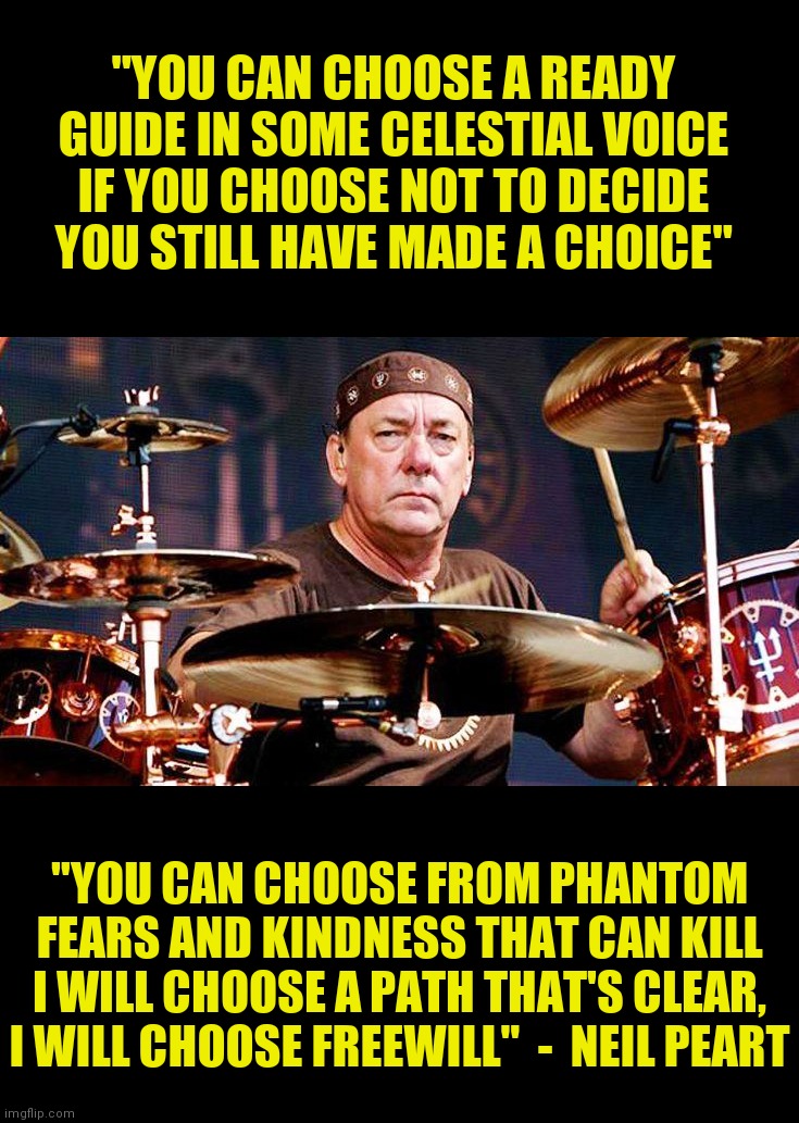 I will choose a path that's clear | "YOU CAN CHOOSE A READY GUIDE IN SOME CELESTIAL VOICE
IF YOU CHOOSE NOT TO DECIDE YOU STILL HAVE MADE A CHOICE"; "YOU CAN CHOOSE FROM PHANTOM FEARS AND KINDNESS THAT CAN KILL
I WILL CHOOSE A PATH THAT'S CLEAR, I WILL CHOOSE FREEWILL"  -  NEIL PEART | image tagged in neil peart,rush,freewill | made w/ Imgflip meme maker