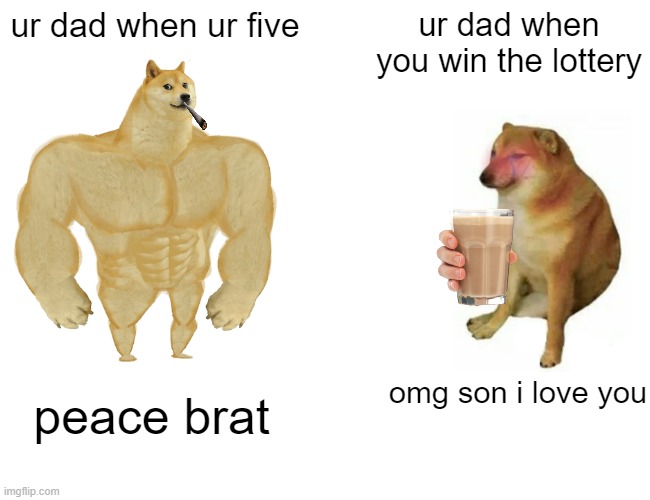 Buff Doge vs. Cheems Meme |  ur dad when ur five; ur dad when you win the lottery; omg son i love you; peace brat | image tagged in memes,buff doge vs cheems | made w/ Imgflip meme maker