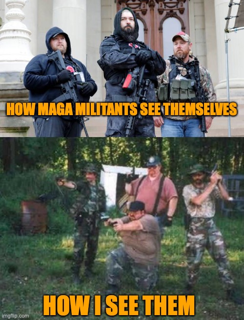 HOW MAGA MILITANTS SEE THEMSELVES; HOW I SEE THEM | image tagged in boogaloo bois michigan militia,redneck militia | made w/ Imgflip meme maker