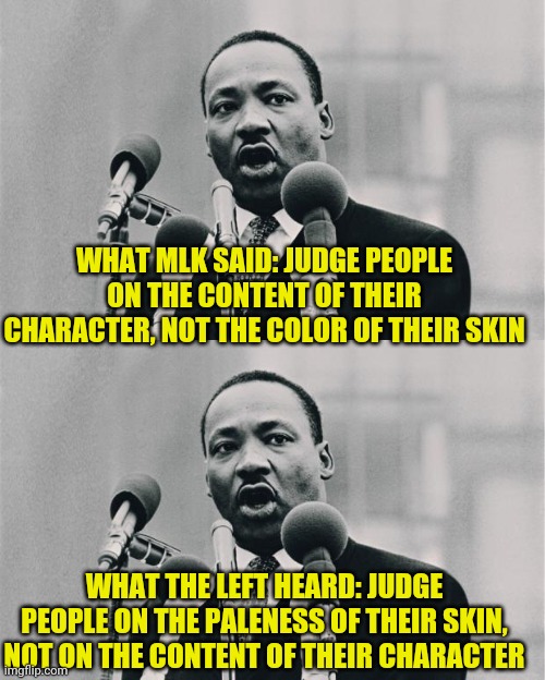 The leftists are all backwards as always | WHAT MLK SAID: JUDGE PEOPLE ON THE CONTENT OF THEIR CHARACTER, NOT THE COLOR OF THEIR SKIN; WHAT THE LEFT HEARD: JUDGE PEOPLE ON THE PALENESS OF THEIR SKIN, NOT ON THE CONTENT OF THEIR CHARACTER | image tagged in mlk jr i have a dream | made w/ Imgflip meme maker