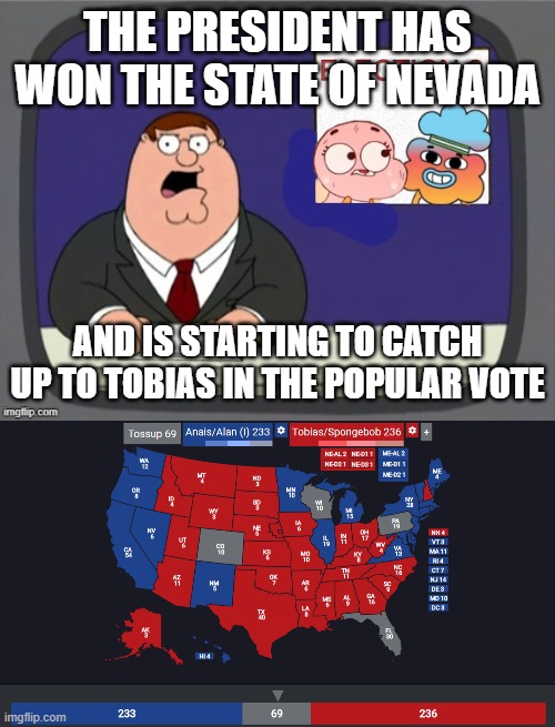 THE PRESIDENT HAS WON THE STATE OF NEVADA; AND IS STARTING TO CATCH UP TO TOBIAS IN THE POPULAR VOTE | image tagged in the 2nd election | made w/ Imgflip meme maker