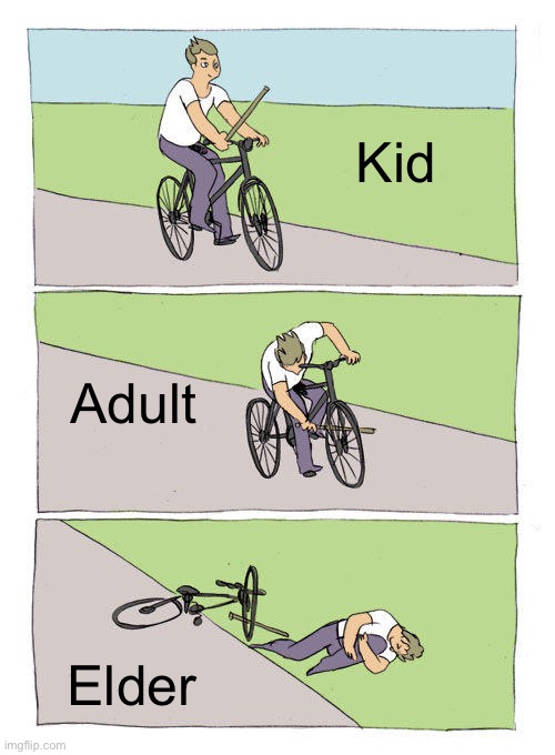 Bike Fall | Kid; Adult; Elder | image tagged in memes,bike fall,kid,adult,elder | made w/ Imgflip meme maker