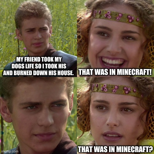 Minecraft has ruined many friendships | MY FRIEND TOOK MY DOGS LIFE SO I TOOK HIS AND BURNED DOWN HIS HOUSE. THAT WAS IN MINECRAFT! THAT WAS IN MINECRAFT? | image tagged in anakin padme 4 panel,minecraft | made w/ Imgflip meme maker