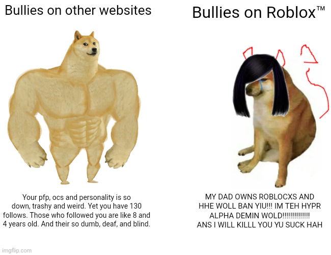 Buff Doge vs. Cheems Meme | Bullies on other websites; Bullies on Roblox™; Your pfp, ocs and personality is so down, trashy and weird. Yet you have 130 follows. Those who followed you are like 8 and 4 years old. And their so dumb, deaf, and blind. MY DAD OWNS ROBLOCXS AND HHE WOLL BAN YIU!!! IM TEH HYPR ALPHA DEMIN WOLD!!!!!!!!!!!!!! ANS I WILL KILLL YOU YU SUCK HAH | image tagged in memes,buff doge vs cheems | made w/ Imgflip meme maker