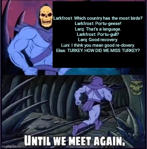 Until we meet again. | Larkfrost: Which country has the most birds?
Larkfrost: Portu-geese!
Larq: That's a language.
Larkfrost: Portu-gull?
Larq: Good recovery.
Luni: I think you mean good re-dovery.
Elias: TURKEY. HOW DID WE MISS TURKEY? | image tagged in until we meet again | made w/ Imgflip meme maker