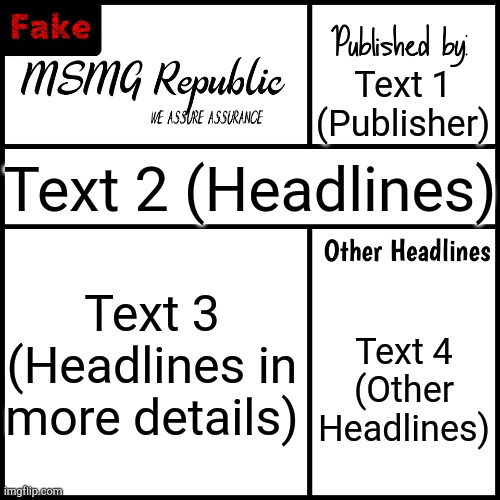 My new Template: MSMG Republic Newspaper Fake. (An example would be given shortly. And I would upload real one too) | Text 1 (Publisher); Text 2 (Headlines); Text 3 (Headlines in more details); Text 4 (Other Headlines) | image tagged in msmg republic newspaper fake | made w/ Imgflip meme maker