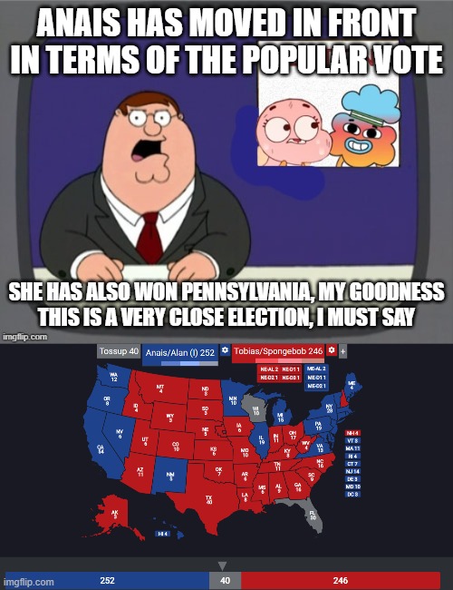 ANAIS HAS MOVED IN FRONT IN TERMS OF THE POPULAR VOTE; SHE HAS ALSO WON PENNSYLVANIA, MY GOODNESS THIS IS A VERY CLOSE ELECTION, I MUST SAY | image tagged in the 2nd election | made w/ Imgflip meme maker