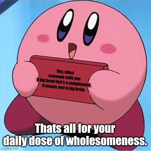 Kirby holding a sign | Hey, when someone calls you 
A big head that's a complement, 
It means you're big brain. Thats all for your daily dose of wholesomeness. | image tagged in kirby holding a sign | made w/ Imgflip meme maker