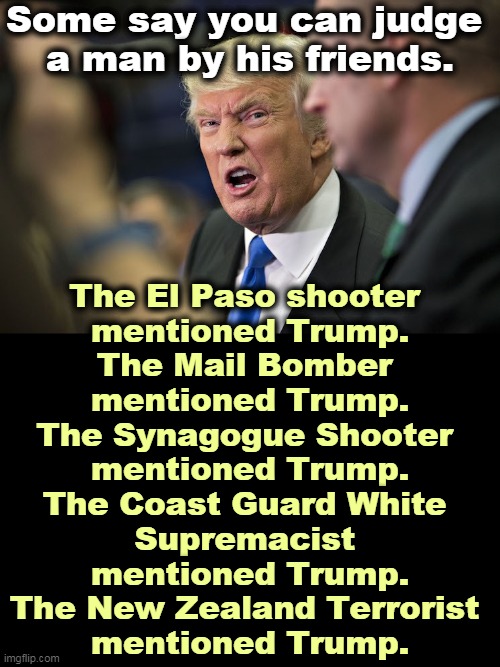 Trump certainly brings out something special in people. | Some say you can judge 
a man by his friends. The El Paso shooter 
mentioned Trump.
The Mail Bomber 
mentioned Trump.
The Synagogue Shooter 
mentioned Trump.
The Coast Guard White 
Supremacist 
mentioned Trump.
The New Zealand Terrorist 
mentioned Trump. | image tagged in trump loser snarl,trump,violence,shooter | made w/ Imgflip meme maker
