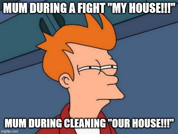 Mums Be like!!! | MUM DURING A FIGHT "MY HOUSE!!!"; MUM DURING CLEANING "OUR HOUSE!!!" | image tagged in memes,futurama fry | made w/ Imgflip meme maker