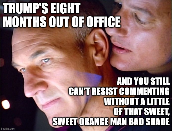 Picard Q Whisper | TRUMP'S EIGHT MONTHS OUT OF OFFICE; AND YOU STILL CAN'T RESIST COMMENTING WITHOUT A LITTLE OF THAT SWEET, SWEET ORANGE MAN BAD SHADE | image tagged in picard q whisper | made w/ Imgflip meme maker