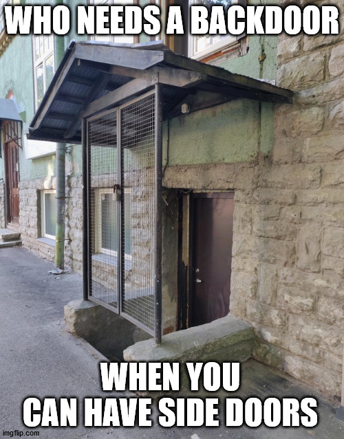 WHO NEEDS A BACKDOOR; WHEN YOU CAN HAVE SIDE DOORS | made w/ Imgflip meme maker