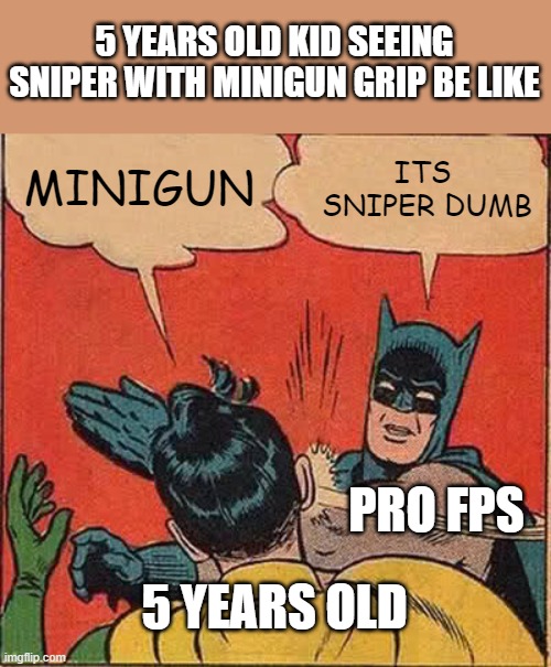 This kid must has a reality check. | 5 YEARS OLD KID SEEING SNIPER WITH MINIGUN GRIP BE LIKE; MINIGUN; ITS
 SNIPER DUMB; PRO FPS; 5 YEARS OLD | image tagged in memes,batman slapping robin,meme,lol,dumb kid | made w/ Imgflip meme maker