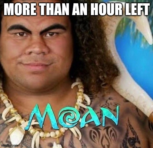 Moan | MORE THAN AN HOUR LEFT | image tagged in moan | made w/ Imgflip meme maker