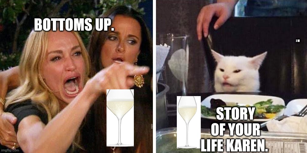 Smudge the cat | BOTTOMS UP. J M; STORY OF YOUR LIFE KAREN. | image tagged in smudge the cat | made w/ Imgflip meme maker