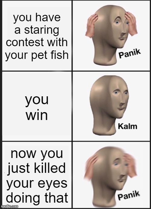 Panik Kalm Panik | you have a staring contest with your pet fish; you win; now you just killed your eyes doing that | image tagged in memes,panik kalm panik | made w/ Imgflip meme maker