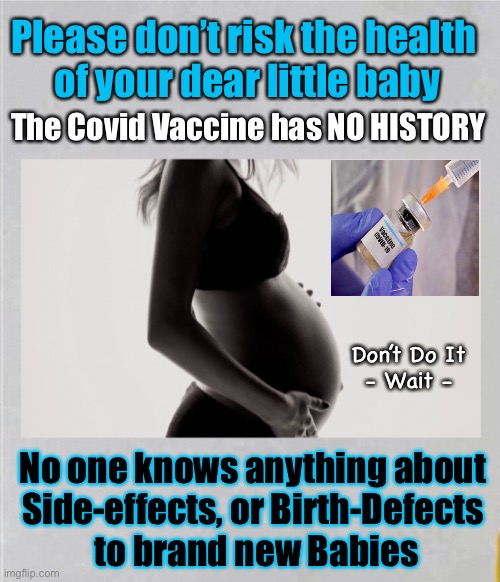 Pregnant and Healthy?  Wait a year, for the vax | Please don’t risk the health 
of your dear little baby; The Covid Vaccine has NO HISTORY; Don’t Do It
- Wait -; No one knows anything about 
Side-effects, or Birth-Defects 
to brand new Babies | image tagged in con vid,scam demic,powermoney control,the vax makes them mega rich,at your expense,wait until there is a known history | made w/ Imgflip meme maker