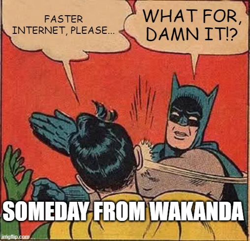 faster internet | FASTER INTERNET, PLEASE... WHAT FOR, DAMN IT!? SOMEDAY FROM WAKANDA | image tagged in memes,batman slapping robin | made w/ Imgflip meme maker
