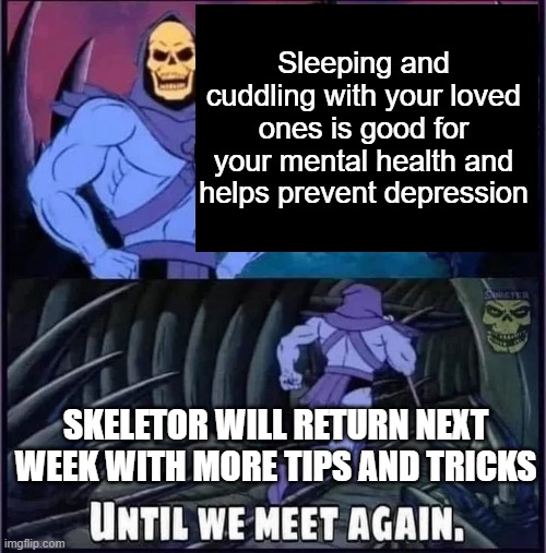 Until we meet again. | Sleeping and cuddling with your loved ones is good for your mental health and helps prevent depression; SKELETOR WILL RETURN NEXT WEEK WITH MORE TIPS AND TRICKS | image tagged in until we meet again,memes | made w/ Imgflip meme maker