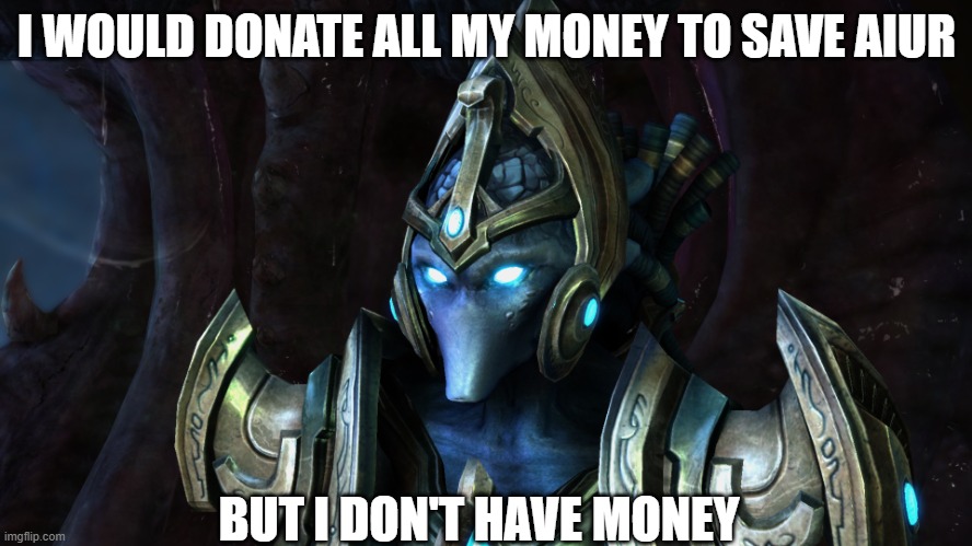 starcraft protoss | I WOULD DONATE ALL MY MONEY TO SAVE AIUR; BUT I DON'T HAVE MONEY | image tagged in starcraft protoss,starcraft,memes | made w/ Imgflip meme maker