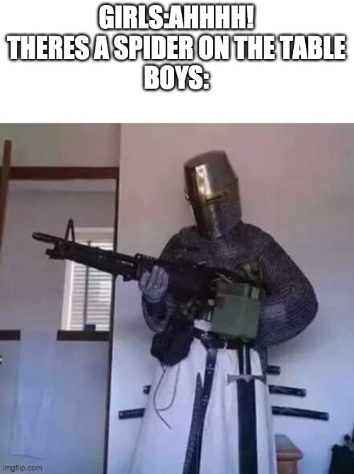 Crusader knight with M60 Machine Gun | GIRLS:AHHHH! THERES A SPIDER ON THE TABLE
BOYS: | image tagged in crusader knight with m60 machine gun | made w/ Imgflip meme maker