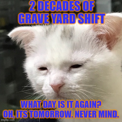 Shift Work | 2 DECADES OF GRAVE YARD SHIFT; WHAT DAY IS IT AGAIN? OH, ITS TOMORROW. NEVER MIND. | image tagged in i'm awake but at what cost | made w/ Imgflip meme maker