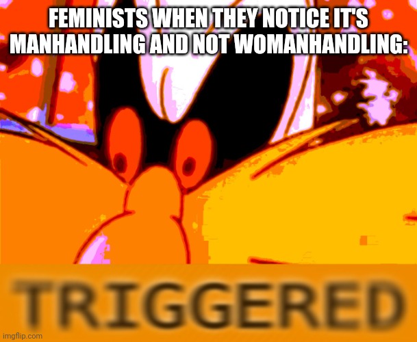 Triggered Robotnik | FEMINISTS WHEN THEY NOTICE IT'S MANHANDLING AND NOT WOMANHANDLING: | image tagged in triggered robotnik | made w/ Imgflip meme maker