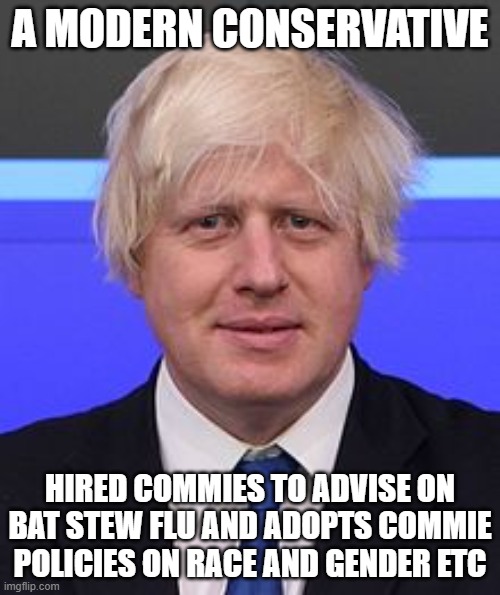 boris johnson | A MODERN CONSERVATIVE; HIRED COMMIES TO ADVISE ON BAT STEW FLU AND ADOPTS COMMIE POLICIES ON RACE AND GENDER ETC | image tagged in boris johnson | made w/ Imgflip meme maker