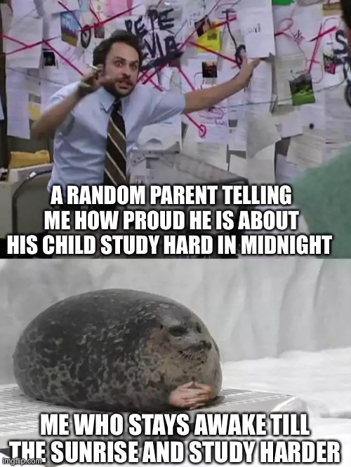 Sad cause my parents never appreciate me | A RANDOM PARENT TELLING ME HOW PROUD HE IS ABOUT HIS CHILD STUDY HARD IN MIDNIGHT; ME WHO STAYS AWAKE TILL THE SUNRISE AND STUDY HARDER | image tagged in man explaining to seal | made w/ Imgflip meme maker