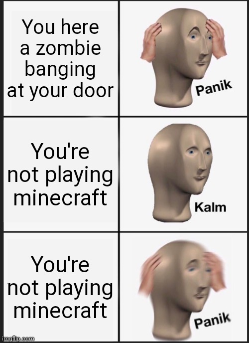 Zombies | You here a zombie banging at your door; You're not playing minecraft; You're not playing minecraft | image tagged in memes,panik kalm panik | made w/ Imgflip meme maker