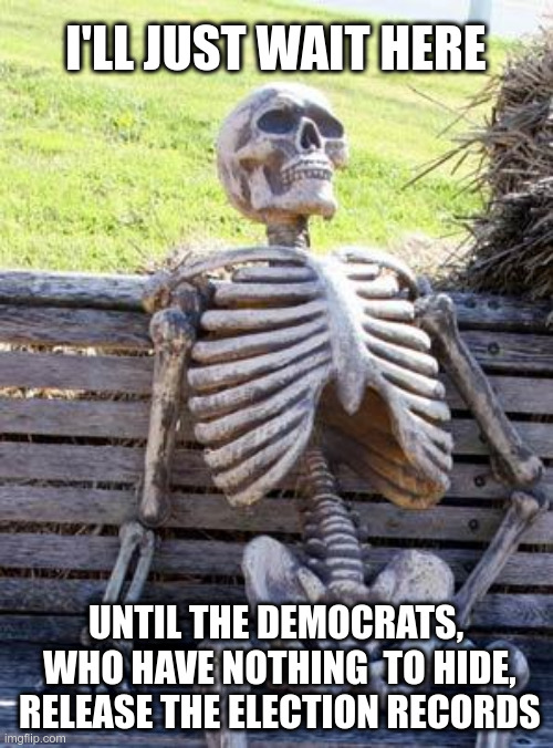 Waiting Skeleton Meme | I'LL JUST WAIT HERE UNTIL THE DEMOCRATS,
 WHO HAVE NOTHING  TO HIDE,
 RELEASE THE ELECTION RECORDS | image tagged in memes,waiting skeleton | made w/ Imgflip meme maker