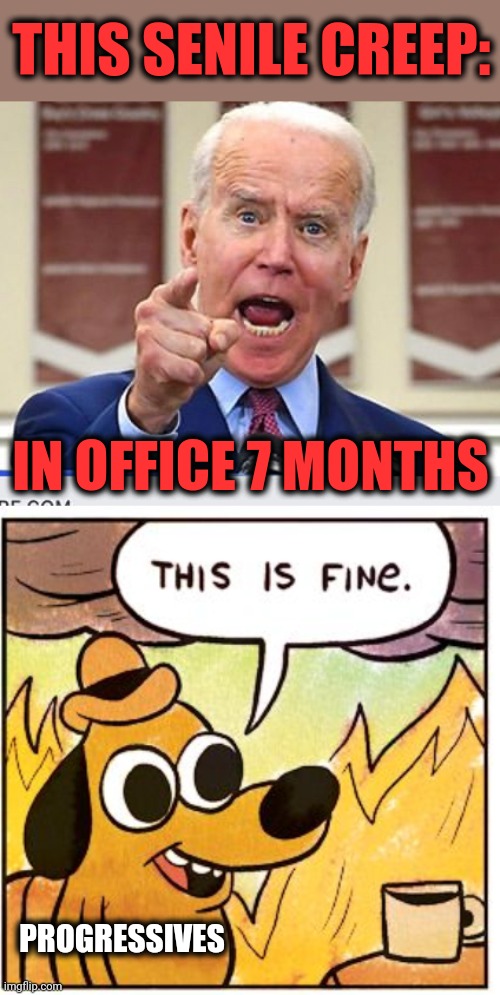 It's becoming a disaster for the entire western world | THIS SENILE CREEP:; IN OFFICE 7 MONTHS; PROGRESSIVES | image tagged in joe biden no malarkey,memes,this is fine,senile creep | made w/ Imgflip meme maker
