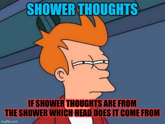 Rando | SHOWER THOUGHTS; IF SHOWER THOUGHTS ARE FROM THE SHOWER WHICH HEAD DOES IT COME FROM | image tagged in memes,futurama fry | made w/ Imgflip meme maker