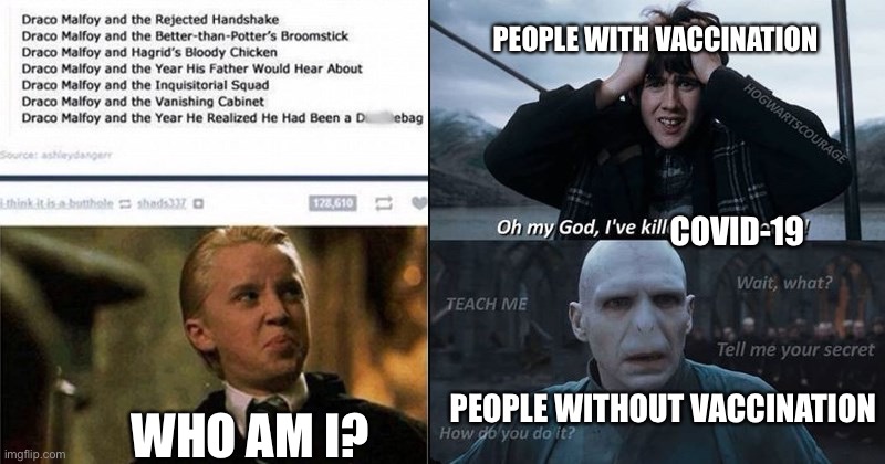 COVID in Harry Potter | PEOPLE WITH VACCINATION; COVID-19; WHO AM I? PEOPLE WITHOUT VACCINATION | image tagged in i've killed harry potter,harry potter,draco malfoy | made w/ Imgflip meme maker