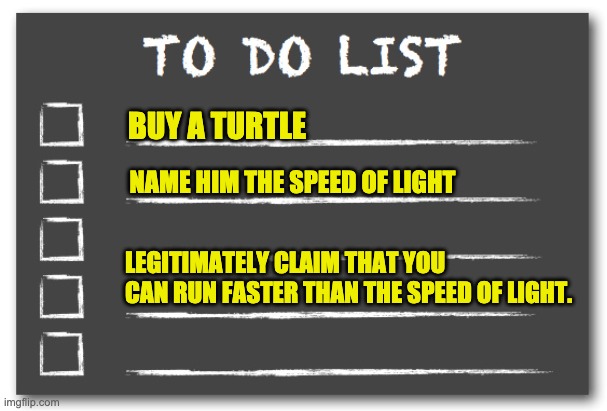 turtle | BUY A TURTLE; NAME HIM THE SPEED OF LIGHT; LEGITIMATELY CLAIM THAT YOU CAN RUN FASTER THAN THE SPEED OF LIGHT. | image tagged in to do list | made w/ Imgflip meme maker