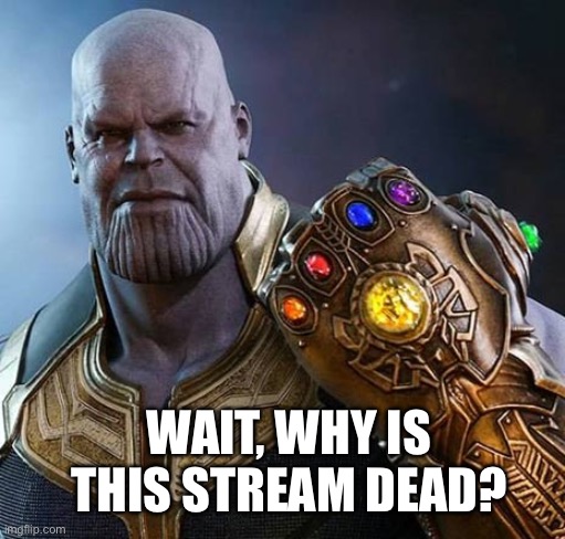 thanos gauntlet meme wait why is this real? | WAIT, WHY IS THIS STREAM DEAD? | image tagged in thanos gauntlet meme wait why is this real | made w/ Imgflip meme maker