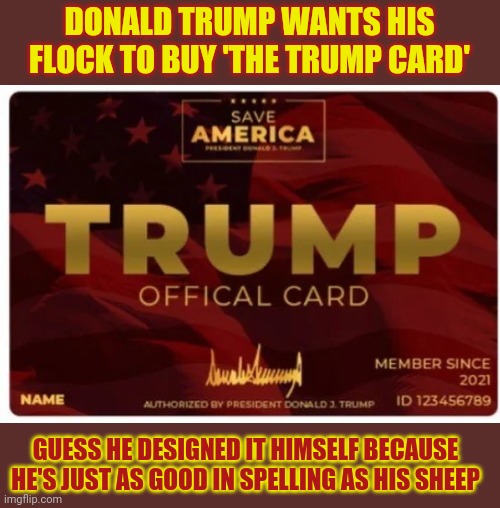 Would you buy this card? Why? | DONALD TRUMP WANTS HIS FLOCK TO BUY 'THE TRUMP CARD'; GUESS HE DESIGNED IT HIMSELF BECAUSE HE'S JUST AS GOOD IN SPELLING AS HIS SHEEP | image tagged in donald trump,spelling,credit card,typo | made w/ Imgflip meme maker