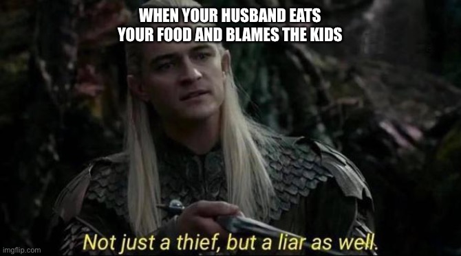 Legolas | WHEN YOUR HUSBAND EATS YOUR FOOD AND BLAMES THE KIDS | image tagged in legolas not just a thief but a liar as well,lotr | made w/ Imgflip meme maker