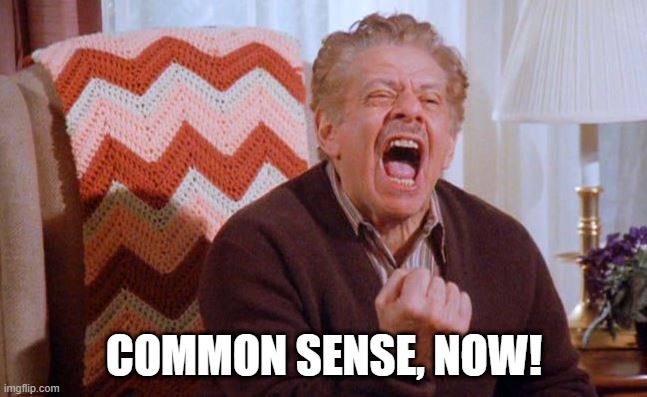 Common Sense NOW! | COMMON SENSE, NOW! | image tagged in frank costanza | made w/ Imgflip meme maker