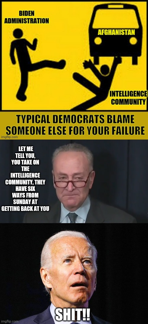 LET ME TELL YOU, YOU TAKE ON THE INTELLIGENCE COMMUNITY, THEY HAVE SIX WAYS FROM SUNDAY AT GETTING BACK AT YOU; SHIT!! | image tagged in chuck schumer crying,joe biden | made w/ Imgflip meme maker