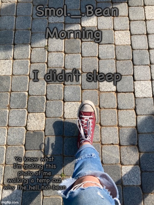 Morning; I didn’t sleep | image tagged in beans foot temp | made w/ Imgflip meme maker