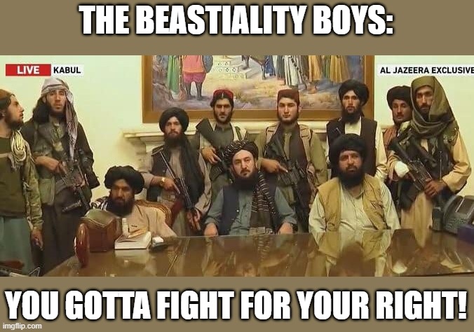 THE BEASTIALITY BOYS:; YOU GOTTA FIGHT FOR YOUR RIGHT! | image tagged in political meme | made w/ Imgflip meme maker
