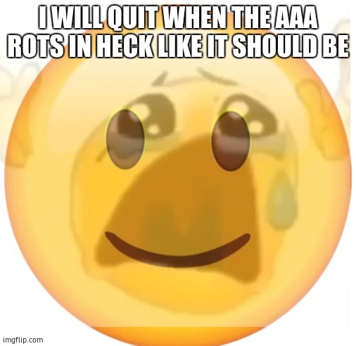 happy emoji on the outside, but crying on the inside | I WILL QUIT WHEN THE AAA ROTS IN HECK LIKE IT SHOULD BE | image tagged in happy emoji on the outside but crying on the inside | made w/ Imgflip meme maker