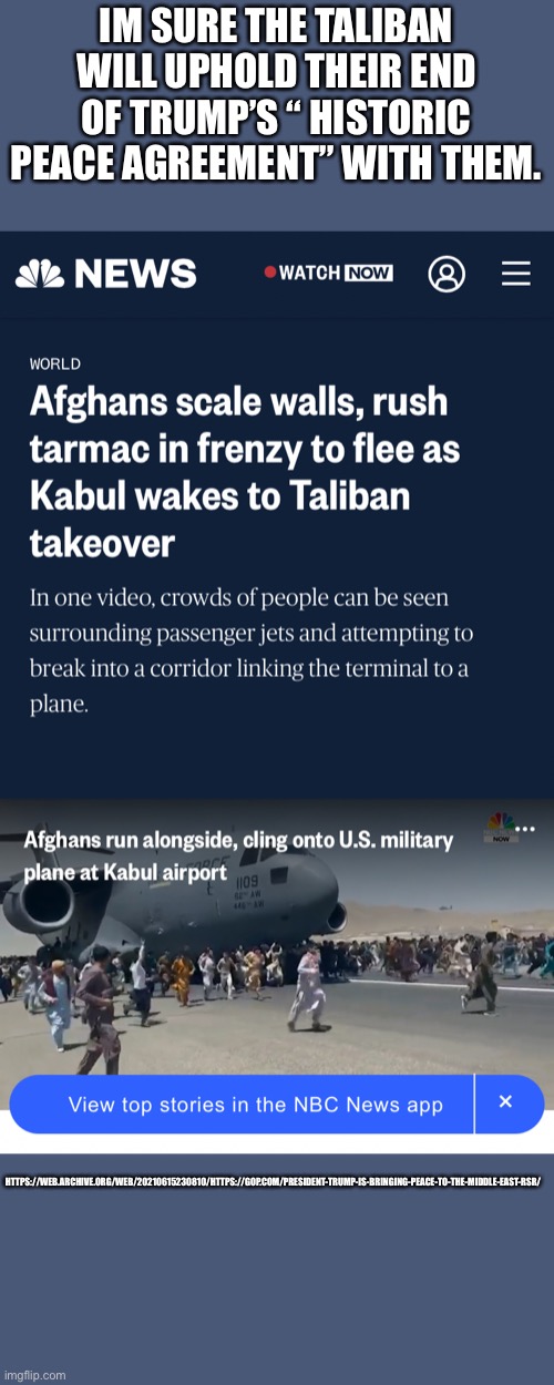 See description for tiny text to link to the page the GOP deleted from their website. I wonder why? | IM SURE THE TALIBAN WILL UPHOLD THEIR END OF TRUMP’S “ HISTORIC PEACE AGREEMENT” WITH THEM. HTTPS://WEB.ARCHIVE.ORG/WEB/20210615230810/HTTPS://GOP.COM/PRESIDENT-TRUMP-IS-BRINGING-PEACE-TO-THE-MIDDLE-EAST-RSR/ | image tagged in trump,moron,taliban | made w/ Imgflip meme maker