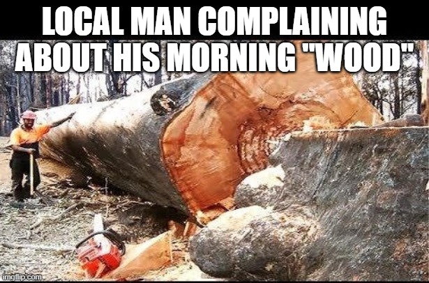 LOCAL MAN COMPLAINING ABOUT HIS MORNING "WOOD" | image tagged in funny | made w/ Imgflip meme maker