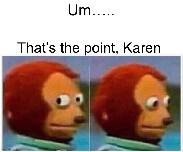 Monkey Puppet | Um….. That’s the point, Karen | image tagged in memes,monkey puppet | made w/ Imgflip meme maker