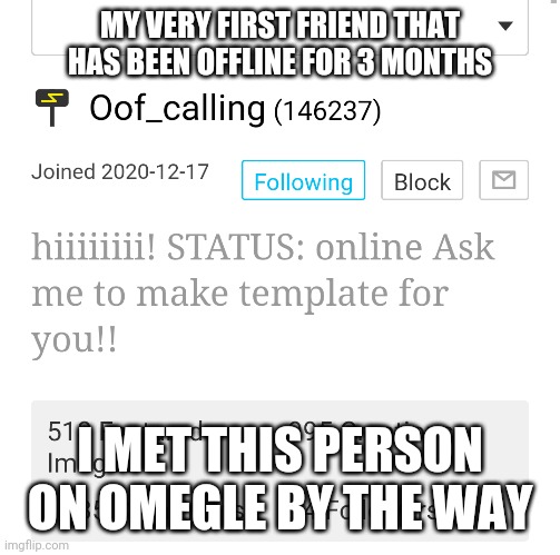 he/she (forgot their gender) was a good person | MY VERY FIRST FRIEND THAT HAS BEEN OFFLINE FOR 3 MONTHS; I MET THIS PERSON ON OMEGLE BY THE WAY | made w/ Imgflip meme maker